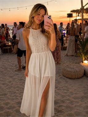 Sheer White Halter Maxi Dress with Embroidered Bodice